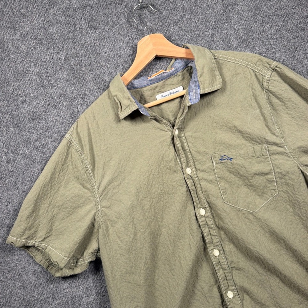 Tommy Bahama Button‎ Down Shirt Mens Large Olive Green Short Sleeve Chest Pocket